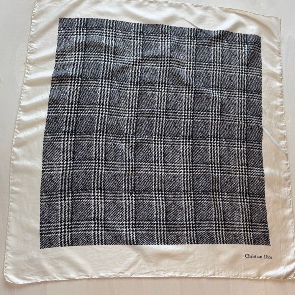 Christian Dior Silk Scarf Black White Glen Plaid Check Square Made in Italy 26in